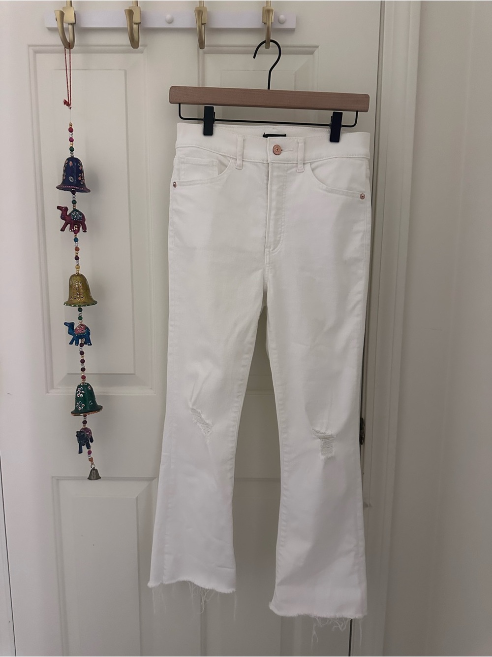 Express White Flare Jeans with Frayed Hem